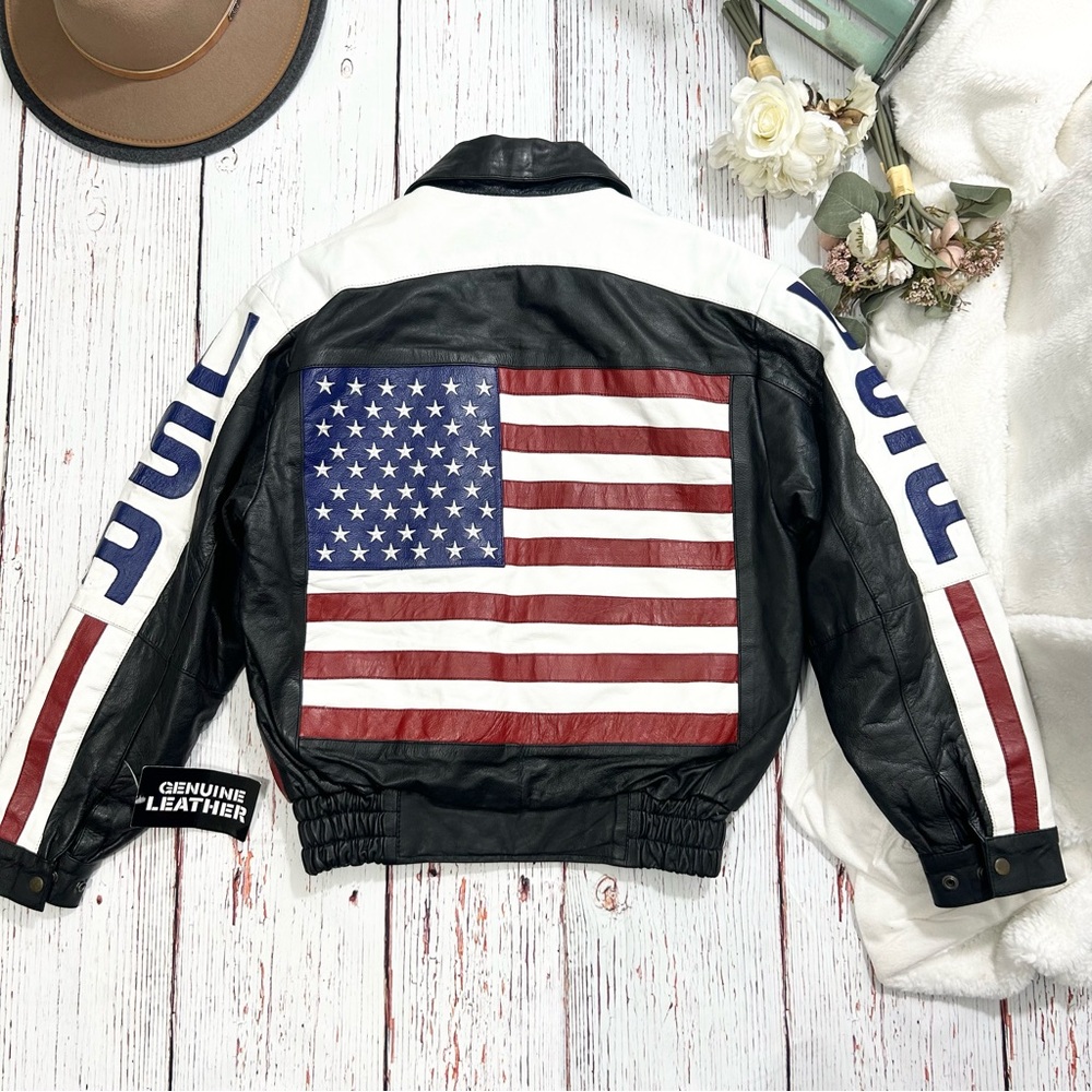 Genuine Leather vintage western bomber USA flag jacket NWT - Picture 9 of 12